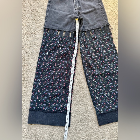 Upcycled Denim & Organic Cotton Floral Pants, Wide Leg Boho Patchwork Trousers S - Picture 14 of 15